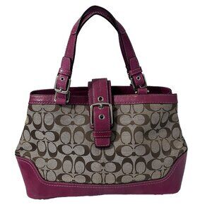 Coach Hampton Canvas Signature Logo Shoulder Bag F12642 Pink Trim Buckle Closure
